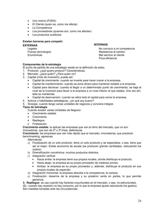 •   Uno mismo (FODA)
    •   El Cliente (quien es, como me afecta)
    •   La Competencia
    •   Los proveedores (quienes son, como me afectan)
    •   Los productos sustitutos

Existen barreras para competir:
EXTERNAS                                                     INTERNAS
    Legales                                                     No conozco a mi competencia
    Físicas (tecnología)                                        Resistencia al cambio
    Económicas                                                  Mal servicio al cliente
                                                                Poca eficiencia

Componentes de la estrategia
El punto de partida de una estrategia reside en la definición de estos.
1. Producto: ¿qué quiero producir? Características.
2. Mercado: ¿para quién? ¿Para quién no?
3. Capital (nivel de inversión): puede ser:
     • Capital de crecimiento: cuando se invierte para hacer crecer a la empresa.
     • Capital de mantenimiento: cuando se pone dinero para mantener estable a la empresa.
     • Capital para decrecer: cuando al llegar a un determinado punto de crecimiento, se baja el
         nivel de la inversión para llevar a la empresa a un nivel inferior al que estaba. Una vez ahí,
         ésta es mantenida.
     • Capital de desinversión: cuando se retira todo el capital para cerrar la empresa.
4. Activos o habilidades estratégicas: ¿en qué soy bueno?
5. Sinergia: cuando tengo varias unidades de negocios y conviene integrar.
Tipos de estrategia
     Cuando existen varias Unidades de Negocio:
     • Crecimiento estable
     • Crecimiento
     • Repliegue
     • Finalización
Crecimiento estable: la aplican las empresas que van al ritmo del mercado, que no son
innovadoras, que son de 2ª o 3ª línea, defensoras.
Crecimiento: las empresas que van más rápido que el mercado, innovadoras, que practican
benchmarking, agresivas.
     Alternativas:
     a) Focalización de un solo producto: tiene un solo producto y se especializa, o sea, tiene que
         ser el mejor. Existe economía de escala (se producen grande cantidades, reduciendo los
         costos)
     b) Diversificación concéntrica: muchos productos distintos.
     c) Integración vertical:
         • Hacia arriba: la empresa tiene sus propios locales, donde distribuye el producto.
         • Hacia abajo: la empresa es su propio proveedor de materias primas.
         • Ambas: la empresa es su propio proveedor y, además, distribuye el producto en sus
             propios locales de expendio.
     d) Integración horizontal: la empresa absorbe a la competencia, la compra.
     e) Finalización: desarme de la empresa y su posterior venta en partes, lo que permite
         ganancia.
3. Repliegue: se usa cuando hay factores coyunturales en el mercado, o sea, no estructurales.
(Ej.: cuando hay recesión no hay consumo, por lo que la empresa ajusta reduciendo los gastos).
Son medidas tomadas ante las circunstancias.



                                                                                                    24
 