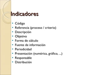 Indicadores Código Referencia (proceso / criterio)‏ Descripción Objetivo Forma de cálculo Fuente de información Periodicidad Presentación (numérica, gráfico, ...)‏ Responsable Distribución 