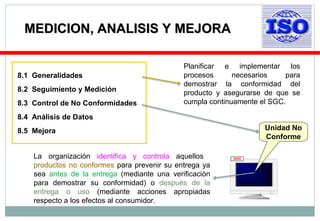 MEDICION, ANALISIS Y MEJORAMEDICION, ANALISIS Y MEJORA
8.1 Generalidades
8.2 Seguimiento y Medición
8.3 Control de No Conformidades
8.4 Análisis de Datos
8.5 Mejora
Planificar e implementar los
procesos necesarios para
demostrar la conformidad del
producto y asegurarse de que se
cumpla continuamente el SGC.
Unidad No
Conforme
La organización identifica y controla aquellos
productos no conformes para prevenir su entrega ya
sea antes de la entrega (mediante una verificación
para demostrar su conformidad) o después de la
entrega o uso (mediante acciones apropiadas
respecto a los efectos al consumidor.
 