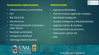 6/8/2019 CALIDAD 4.0 11sergio.salimbeni@usal.edu.ar
TECNOLOGÍAS HABILITADORAS
▪ Infraestructura y conectividad.
▪ IIoT.
▪ Big Data & BI.
▪ Simulaciones.
▪ CPS Automatización y Sistemas
ciber-físicos.
▪ Realidad aumentada.
▪ Inteligencia Artificial.
▪ Ciberseguridad Industrial.
ORIENTACIONES
▪ Ingeniería Biomédica.
▪ Transformación digital de ciudades.
▪ Movilidad Inteligente.
▪ Energía inteligente y Medioambiente.
▪ Logística indoor & outdoor.
▪ Automatización de procesos.
▪ Fabricación aditiva 3D.
▪ RPA.
 