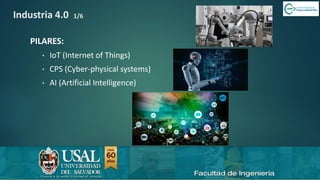 6/8/2019 CALIDAD 4.0 14sergio.salimbeni@usal.edu.ar
Industria 4.0 1/6
PILARES:
• IoT (Internet of Things)
• CPS (Cyber-physical systems)
• AI (Artificial Intelligence)
 