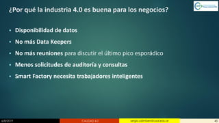 6/8/2019 CALIDAD 4.0 45sergio.salimbeni@usal.edu.ar
¿Por qué la industria 4.0 es buena para los negocios?
▪ Disponibilidad de datos
▪ No más Data Keepers
▪ No más reuniones para discutir el último pico esporádico
▪ Menos solicitudes de auditoría y consultas
▪ Smart Factory necesita trabajadores inteligentes
 