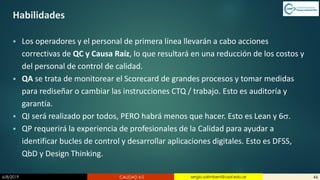 6/8/2019 CALIDAD 4.0 46sergio.salimbeni@usal.edu.ar
Habilidades
▪ Los operadores y el personal de primera línea llevarán a cabo acciones
correctivas de QC y Causa Raíz, lo que resultará en una reducción de los costos y
del personal de control de calidad.
▪ QA se trata de monitorear el Scorecard de grandes procesos y tomar medidas
para rediseñar o cambiar las instrucciones CTQ / trabajo. Esto es auditoría y
garantía.
▪ QI será realizado por todos, PERO habrá menos que hacer. Esto es Lean y 6.
▪ QP requerirá la experiencia de profesionales de la Calidad para ayudar a
identificar bucles de control y desarrollar aplicaciones digitales. Esto es DFSS,
QbD y Design Thinking.
 