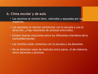 b. Clima escolar y de aula
• Los alumnos se sienten bien, valorados y apoyados por sus
maestros.
• Los docentes se sienten satisfechos con la escuela y con la
dirección, y hay relaciones de amistad entre ellos.
• Existen buenas relaciones entre los diferentes miembros de la
comunidad escolar.
• Las familias están contentas con la escuela y los docentes.
• No se detectan casos de maltrato entre pares, ni de violencia
entre docentes y alumnos.
 