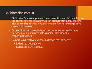 c. Dirección escolar
• El director/a es una persona comprometida con la escuela, con
los docentes y con los alumnos, un buen profesional, con una
alta capacidad técnica y que asume un fuerte liderazgo en la
comunidad escolar.
• Es una dirección colegiada, en cooperación entre distintas
personas: que comparte información, decisiones y
responsabilidades.
• Dos estilos directivos se han mostrado más eficaces:
• Liderazgo pedagógico
• Liderazgo participativo
 