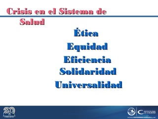 Dr. Roberto R. Pittaluga.
ÉticaÉtica
Crisis enCrisis en elel Sistema deSistema de
SaludSalud
EquidadEquidad
UniversalidadUniversalidad
SolidaridadSolidaridad
EficienciaEficiencia
 