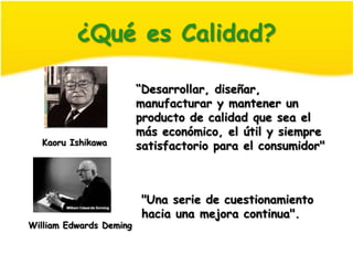 ¿Qué es Calidad?

                         “Desarrollar, diseñar,
                         manufacturar y mantener un
                         producto de calidad que sea el
                         más económico, el útil y siempre
  Kaoru Ishikawa         satisfactorio para el consumidor"



                         "Una serie de cuestionamiento
                         hacia una mejora continua".
William Edwards Deming
 