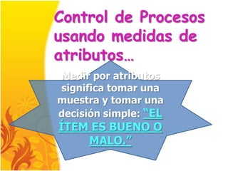 Control de Procesos
usando medidas de
atributos…
Medir por atributos
significa tomar una
muestra y tomar una
decisión simple: “EL
ÍTEM ES BUENO O
    MALO.”
 