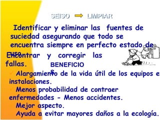 SEISO       LIMPIAR
  Identificar y eliminar las fuentes de
 suciedad asegurando que todo se
 encuentra siempre en perfecto estado de
 uso.
Encontrar y corregir las
fallas.      BENEFICIO
  Alargamiento de la vida útil de los equipos e
              S
 instalaciones.
  Menos probabilidad de contraer
 enfermedades - Menos accidentes.
  Mejor aspecto.
  Ayuda a evitar mayores daños a la ecología.
 
