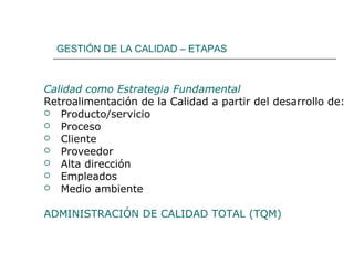 GESTIÓN DE LA CALIDAD – ETAPAS



Calidad como Estrategia Fundamental
Retroalimentación de la Calidad a partir del desarrollo de:
 Producto/servicio
 Proceso
 Cliente
 Proveedor
 Alta dirección
 Empleados
 Medio ambiente


ADMINISTRACIÓN DE CALIDAD TOTAL (TQM)
 