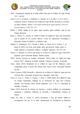 UNIVERSIDAD NACIONAL DE LOJA
AREA AGROPECUARIA Y DE RECURSOS NATURALES RENOVABLES
INGENIERÍA EN MANEJO Y CONSERVACIÓN DEL MEDIO AMBIENTE
IX CICLO
28
OMS - Organización Mundial de la Salud (2006) Guía para la Calidad del Agua Potable.
Vol 1. 3era Ed.
Potosí, S. a N. L., Francisca, I., Meléndez, S., Almazán, R. C., & Alba, J. A. D. E. (2011).
Evaluación Espacio Temporal de la Calidad del Agua del Río San Pedro en el Estado
de Aguas Calientes, México. Universidad Autónoma de Aguascalientes, Centro de
Ciencias Básicas, 27(2), 103–113.
Rodier, J. (2004) Análisis de las aguas: aguas naturales, aguas residuales, agua de mar.
Omega, Barcelona.
Rojas, L., Macías, N., Fonseca, D. (2009) El Índice de Calidad de Agua como herramienta
para la gestión de los recursos hídricos. Centro de Aplicaciones Tecnológicas y
Desarrollo Nuclear (CEADEN). La Habana, Cuba.
Sánchez, E., Colmenarejo, M. F., Vicente, J., Rubio, A., García, M. G., Travieso, L., &
Borja, R. (2007). Use of the water quality index and dissolved oxygen deficit as
simple indicators of watersheds pollution. Ecological Indicators, 7(2), 315–328.
Serrano, A. Martínez, R. (2015) Guía Básica de Control de Calidad de Agua. ONGAWA,
Ingeniería para el desarrollo humano. Madrid, España.
SNET, Servicio Nacional de Estudios Territoriales. (2012) Índice de calidad del Agua
General “ICA”. Ministerio de Medio Ambiente y Recursos Naturales. El Salvador.
Torres, Liliana (2014) Modelación de la Calidad de Agua del Río Malacatos, tramo
comprendido desde el Sector Dos Puentes hasta Sauces Norte. Universidad Nacional
de Loja.
Torres, Francisco (2009) Desarrollo y Aplicación de un Índice de Calidad de Agua para ríos
en Puerto Rico. Universidad de puerto Rico. Mayagüez, Puerto Rico.
Torres, P., Cruz., C., Patiño, P., Escobar, J., Pérez, A. (2009) Índices De Calidad De Agua
En Fuentes Superficiales Utilizadas En La Producción De Agua Para Consumo
Humano. Una Revisión Crítica. Revista Ingenierías. Vol. 8. No 15. Universidad de
Medellín. Colombia.
Tragua (2010) Protocolo de técnicas de muestreo y técnicas analíticas de contaminantes
emergentes y prioritarios. Ministerio de Economía y Competitividad. Gobierno de
España.
Valera, M., Díaz, L., García, R. (2012) Descripción y usos del método Delphi en
investigaciones del área de la salud. Departamento de Investigación en Educación
 