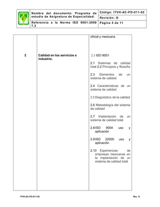 No mbre de l docu mento: Programa d e      Código: IT VH- AC -PO-011-02
         estud io de Asignatura de Especia lidad.   Revisión: O
         Referencia a la Nor ma ISO 9001: 2008      Página 5 de 11
         7.3


                                             oficial y mexicana




   2           Calidad en los servicios e    2.1 ISO 9001
               industria.
                                             2.1 Sistemas de calidad
                                             total 2.2 Principios y filosofía

                                             2.3 Elementos de             un
                                             sistema de calidad

                                             2.4 Características de un
                                             sistema de calidad

                                             2.5 Diagnóstico de la calidad

                                             2.6 Metodología del sistema
                                             de calidad

                                             2.7 Implantación de          un
                                             sistema de calidad total

                                             2.8 ISO     9004      uso     y
                                                 aplicación

                                             2.9 ISO     22000     uso     y
                                                 aplicación

                                             2.10 Experiencias         de
                                                empresas mexicanas en
                                                la implantación de un
                                                sistema de calidad total




ITVH-AC-PO-011-02                                                               Rev. O
 