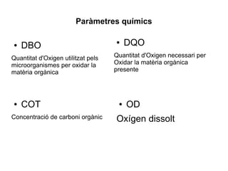 Paràmetres químics
● DBO
Quantitat d'Oxigen utilitzat pels
microorganismes per oxidar la
matèria orgànica
● DQO
Quantitat d'Oxigen necessari per
Oxidar la matèria orgànica
presente
● OD
Oxígen dissolt
● COT
Concentració de carboni orgànic
 