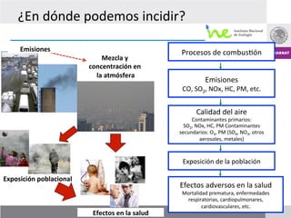 ¿En	
  dónde	
  podemos	
  incidir?	
  

      Emisiones
              	
  
                                                                     Procesos	
  de	
  combus7ón	
  
                                    Mezcla	
  y	
  
                                concentración	
  en	
  
                                  la	
  atmósfera   	
  
                                                                                    Emisiones	
  
                                                                     CO,	
  SO2,	
  NOx,	
  HC,	
  PM,	
  etc.	
  	
  


                                                                              Calidad	
  del	
  aire	
  
                                                                         Contaminantes	
  primarios:	
  	
  
                                                                      SO2,	
  NOx,	
  HC,	
  PM	
  Contaminantes	
  
                                                                    secundarios:	
  O3,	
  PM	
  (SO4,	
  NO3,	
  otros	
  
                                                                               aerosoles,	
  metales)	
  	
  



                                                                      Exposición	
  de	
  la	
  población	
  

Exposición	
  poblacional	
  
                                                                    Efectos	
  adversos	
  en	
  la	
  salud	
  
                                                                     Mortalidad	
  prematura,	
  enfermedades	
  
                                                                      respiratorias,	
  cardiopulmonares,	
  
                                                                             cardiovasculares,	
  etc.	
   21
                                 Efectos	
  en	
  la	
  salud	
  
 