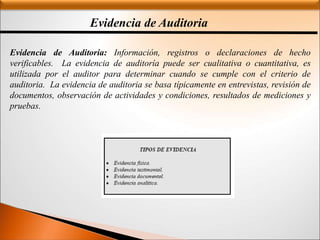 Evidencia de Auditoria
Evidencia de Auditoria: Información, registros o declaraciones de hecho
verificables. La evidencia de auditoría puede ser cualitativa o cuantitativa, es
utilizada por el auditor para determinar cuando se cumple con el criterio de
auditoria. La evidencia de auditoria se basa típicamente en entrevistas, revisión de
documentos, observación de actividades y condiciones, resultados de mediciones y
pruebas.
 