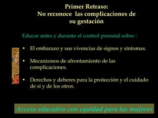 Educar antes y durante el control prenatal sobre :
• El embarazo y sus vivencias de signos y síntomas.
• Mecanismos de afrontamiento de las
complicaciones.
• Derechos y deberes para la protección y el cuidado
de si y de los otros.
Acceso educativo con equidad para las mujeres
Primer Retraso:
No reconoce las complicaciones de
su gestación
 