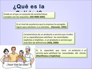 ¿Qué es la
Calidad?Grado en el que un conjunto de características
cumplen con los requisitos. (ISO 9000-2005)
Es el nivel de excelencia que la empresa ha escogido
lograr para satisfacer a su clientela... (Horovits, 1992)
Características de un producto o servicio que inciden
en su capacidad para satisfacer las necesidades
explicitas o implícitas , o un producto o servicio que
está libre de deficiencias (ASQ, 2000)
Es la capacidad que tiene un producto o un
servicio para satisfacer las necesidades del cliente.
(Manifiestas o Implícitas)
 