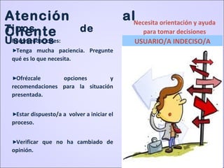 Recomendaciones:
Tenga mucha paciencia. Pregunte
qué es lo que necesita.
Ofrézcale opciones y
recomendaciones para la situación
presentada.
Estar dispuesto/a a volver a iniciar el
proceso.
Verificar que no ha cambiado de
opinión.
Necesita orientación y ayuda
para tomar decisiones
Atención al
ClienteTipos de
Usuarios USUARIO/A INDECISO/A
 
