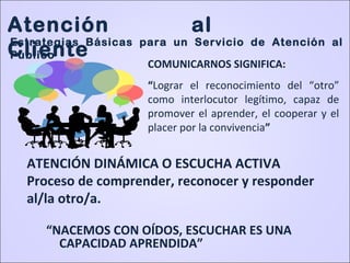 “NACEMOS CON OÍDOS, ESCUCHAR ES UNA
CAPACIDAD APRENDIDA”
ATENCIÓN DINÁMICA O ESCUCHA ACTIVA
Proceso de comprender, reconocer y responder
al/la otro/a.
COMUNICARNOS SIGNIFICA:
“Lograr el reconocimiento del “otro”
como interlocutor legítimo, capaz de
promover el aprender, el cooperar y el
placer por la convivencia”
Atención al
Cliente
Estrategias Básicas para un Servicio de Atención al
Público
 