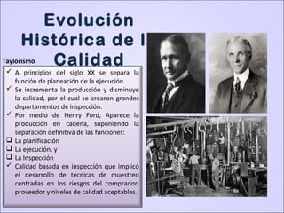 Evolución
Histórica de la
CalidadTaylorismo
 A principios del siglo XX se separa la
función de planeación de la ejecución.
 Se incrementa la producción y disminuye
la calidad, por el cual se crearon grandes
departamentos de inspección.
 Por medio de Henry Ford, Aparece la
producción en cadena, suponiendo la
separación definitiva de las funciones:
 La planificación
 La ejecución, y
 La Inspección
 Calidad basada en inspección que implicó
el desarrollo de técnicas de muestreo
centradas en los riesgos del comprador,
proveedor y niveles de calidad aceptables.
 