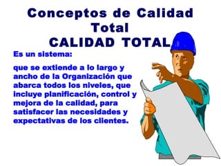 Conceptos de Calidad
Total
CALIDAD TOTAL
Es un sistema:
que se extiende a lo largo y
ancho de la Organización que
abarca t...