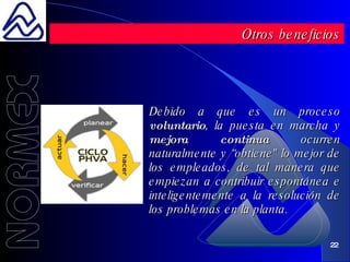 Debido a que es un proceso  voluntario , la puesta en marcha y  mejora continua  ocurren naturalmente y “obtiene" lo mejor de los empleados, de tal manera que empiezan a contribuir espontánea e inteligentemente a la resolución de los problemas en la planta. Otros beneficios 