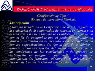 Descripción : Esquema basado en la Certificación de tipo 1, seguido de la evaluación de la conformidad de muestra en fábrica y en el mercado. En este esquema se establece un seguimiento con el fin de comprobar que el producto elaborado en fábrica y distribuido en el mercado, está de conformidad con las especificaciones del tipo al salir de la fábrica y durante su comercialización. Así mismo, permite evaluar si las condiciones de las instalaciones y del proceso de elaboración se apegan a las buenas prácticas de manufactura del fabricante, además de la aplicación del sistema de Control de Calidad establecido. ISO/IEC GUIDE 67 Esquemas de certificación Certificación de Tipo 4  (Ensayo de mercado + Fábrica): 