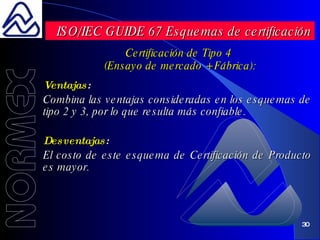 Ventajas : Combina las ventajas consideradas en los esquemas de tipo 2 y 3, por lo que resulta más confiable.   Desventajas : El costo de este esquema de Certificación de Producto es mayor. ISO/IEC GUIDE 67 Esquemas de certificación Certificación de Tipo 4  (Ensayo de mercado + Fábrica): 