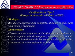 Ventajas : Resulta el esquema más completo, al incluir el SGC para su revisión y evaluación.   Desventajas : El costo de este esquema de Certificación de Producto es mayor, requiere más tiempo para su evaluación y es más estricto en la aplicación de los conceptos de certificación, al momento de estar aplicando el SGC. ISO/IEC GUIDE 67 Esquemas de certificación Certificación de Tipo 5  (Ensayo de mercado + Fábrica + SGC): 