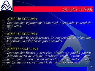 NOM- 050 - SCFI - 2004 Descripci ó n:  Informaci ó n comercial, etiquetado general de productos. NOM- 051 - SCFI - 1994 Descripci ó n:  Especificaciones de etiquetados de alimentos y bebidas no alcoh ó licas preenvasadas. NOM-117-SSA1-1994 Descripci ó n:  Bienes y servicios. M é todo de prueba para la determinaci ó n de cadmio, ars é nico, plomo, esta ñ o, cobre, fierro, zinc y mercurio en alimentos, agua potable y agua purificada por espectrometr í a de absorci ó n at ó mica. Ejemplos de NOM 