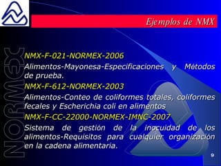 NMX-F-021-NORMEX-2006 Alimentos-Mayonesa-Especificaciones y M é todos de prueba. NMX-F-612-NORMEX-2003 Alimentos-Conteo de coliformes totales, coliformes fecales y Escherichia coli en alimentos NMX-F-CC-22000-NORMEX-IMNC-2007 Sistema de gesti ó n de la inocuidad de los alimentos-Requisitos para cualquier organizaci ó n en la cadena alimentaria. Ejemplos de NMX 