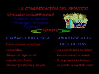LA COMUNICACIÓN DEL SERVICIO
 VEHÍCULO INDISPENSABLE
    Ampliar la clientela
    Conseguir su lealtad
         Motivar
                      PERMITE

AFIRMAR LA DIFERENCIA               AMOLDARSE A LAS
-Hacer conocer la ventaja            EXPECTATIVAS
 competitiva                     - Las expectativas no deben
-Ocupar un lugar en el             hacerse crecer o reducir
espíritu del cliente             - Si la promesa es inferior
-Asociar prestación y servicio     se pierde la clientela clave
 