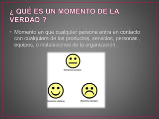 • Momento en que cualquier persona entra en contacto
con cualquiera de los productos, servicios, personas ,
equipos, o instalaciones de la organización.
 