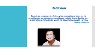 Cuando se compara a los felices y los amargados, a todos les ha
ocurrido muertes, desgracias, pérdidas de trabajo, dinero, familia, etc.,
LA DIFERENCIA ESTÁ EN EL MODO DE REACCIONAR ANTE LA VIDA.
Daniel Goleman
Reflexión
 
