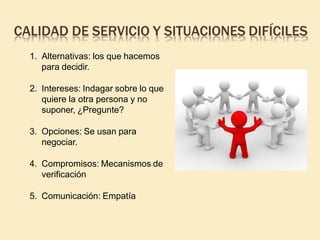 CALIDAD DE SERVICIO Y SITUACIONES DIFÍCILES
1. Alternativas: los que hacemos
para decidir.
2. Intereses: Indagar sobre lo que
quiere la otra persona y no
suponer, ¿Pregunte?
3. Opciones: Se usan para
negociar.
4. Compromisos: Mecanismos de
verificación
5. Comunicación: Empatía
 