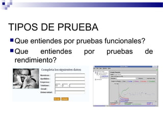 TIPOS DE PRUEBA
Que entiendes por pruebas funcionales?
Que entiendes por pruebas de
rendimiento?
 