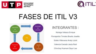 FASES DE ITIL V3
INTEGRANTES :
Noriega Velasco Enrique
Pomajambo Timoteo Braulio Joselito
Sotelo Villanueva Analy Lizzet
Valencia Caicedo Jesús Raúl
Chinchay Huamani Deyvi Lee
 