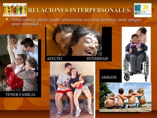 RELACIONES INTERPERSONALES:
   Tener familia, afecto; poder relacionarse con otras personas; tener amigos;
    tener intimidad…




                        AFECTO                 INTIMIDAD



                                                       AMIGOS



TENER FAMILIA
 