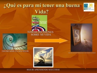¿Qué es para mí tener una buena
              Vida?


                     TOMAR DECISIONES
                       SOBRE MI VIDA




ESFORZARME EN SER MEJOR
                                                    ME HACE SENTIR IMPORTANTE Y ESTAR BIEN CONMIGO




                     SEGUIR APRENDIENDO MÁS COSAS
 