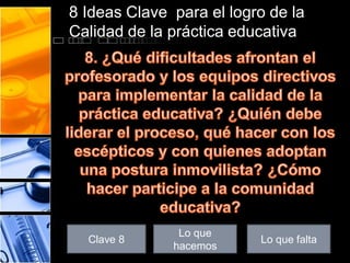 8 Ideas Clave para el logro de la
Calidad de la práctica educativa

Clave 8

Lo que
hacemos

Lo que falta

 