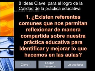 8 Ideas Clave para el logro de la
Calidad de la práctica educativa

Clave 1

Lo que
hacemos

Lo que falta

 