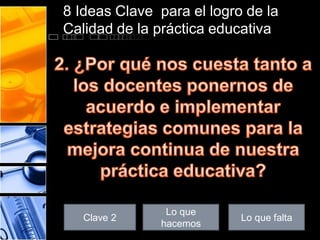 8 Ideas Clave para el logro de la
Calidad de la práctica educativa

Clave 2

Lo que
hacemos

Lo que falta

 