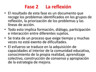 Fase 2       La reflexión
• El resultado de esta fase es un documento que
  recoge los problemas identificados en los grupos de
  reflexión, la priorización de los problemas y las
  líneas de acción.
• Todo esto implica formación, diálogo, participación
  e interacción entre diferentes sujetos.
• Se trata de un proceso que exige tiempo y muchas
  veces no está exento de dificultades.
• El esfuerzo se traduce en la adquisición de
  capacidades al interior de la comunidad educativa,
  conocimiento de la propia realidad, aprendizaje
  colectivo, construcción de consenso y apropiación
  de la estrategia de mejora.
 