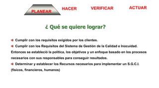 ACTUARVERIFICARHACER
PLANEAR
¿ Qué se quiere lograr?
Cumplir con los requisitos exigidos por los clientes.
Cumplir con los Requisitos del Sistema de Gestión de la Calidad e Inocuidad.
Entonces se estableció la política, los objetivos y un enfoque basado en los procesos
necesarios con sus responsables para conseguir resultados.
Determinar y establecer los Recursos necesarios para implementar un S.G.C.I.
(físicos, financieros, humanos)
 