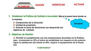 ACTUARVERIFICARHACER
PLANEAR
1. Establecer la Política de Calidad e Inocuidad: Marca la pauta hacia donde va
la empresa
Compromiso de la dirección
Unidad de propósito.
Orientar la toma de decisiones (se desprende los
objetivos de calidad).
“COMPROMISO”
2. Objetivos de Gestión
Permitir el cumplimiento con los compromisos asumidos en la Política.
(ejm.: incrementar en 35% el índice de rentabilidad con respecto al año anterior,
lograr la satisfacción del cliente en 95%, mejorar el equipamiento de la Planta,
etc)
DIFUSIÓN
 