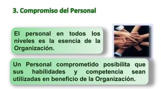 El personal en todos los
niveles es la esencia de la
Organización.
Un Personal comprometido posibilita que
sus habilidades y competencia sean
utilizadas en beneficio de la Organización.
 