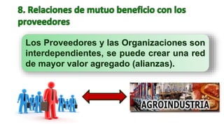 Los Proveedores y las Organizaciones son
interdependientes, se puede crear una red
de mayor valor agregado (alianzas).
 