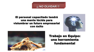 Trabajo en Equipo:
una herramienta
fundamental
El personal capacitado tendrá
una mente lúcida para
vislumbrar un futuro empresarial
con éxito
¡¡ NO OLVIDAR !!
 