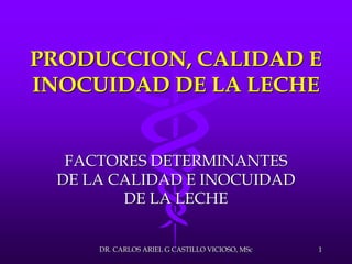 PRODUCCION, CALIDAD E
INOCUIDAD DE LA LECHE
FACTORES DETERMINANTES
DE LA CALIDAD E INOCUIDAD
DE LA LECHE
DR. CARLOS ARIEL G CASTILLO VICIOSO, MSc 1
 