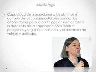 Schmelkes (1995)
• Capacidad de proporcionar a los alumnos el
dominio de los códigos culturales básicos, las
capacidades para la participación democrática,
el desarrollo de la capacidad para resolver
problemas y seguir aprendiendo, y el desarrollo de
valores y actitudes.
 